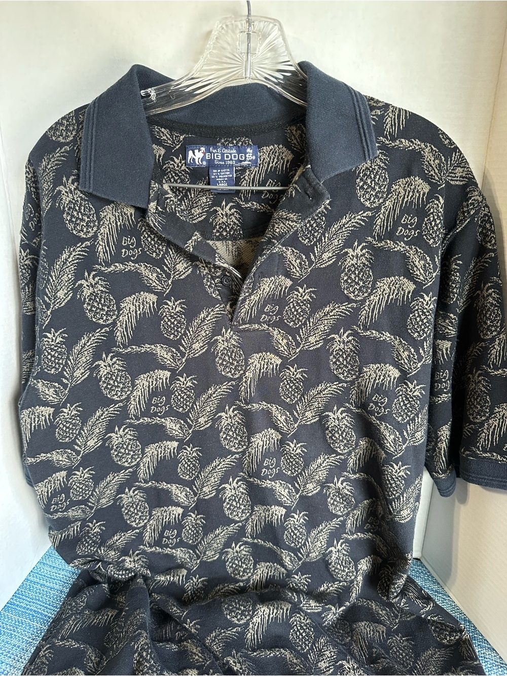 Big Dogs Black Polo with Cream Pineapple Print